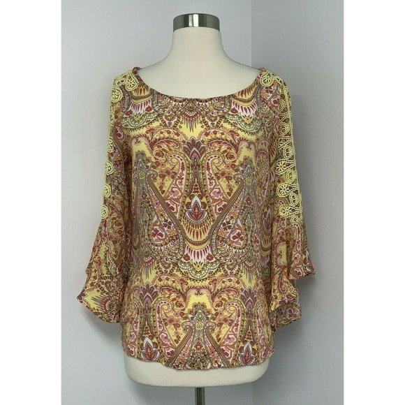 Sharagano Womens Shirt Size Small Yellow Pink Orange Geometric Print Top Crochet - Picture 1 of 6